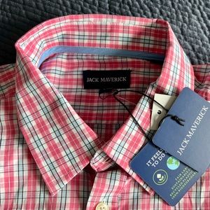 New, never worn pink plaid collared button-up shirt.